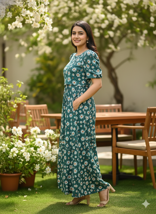 Zipless feeding wear with puff 52 inches D Green Floral