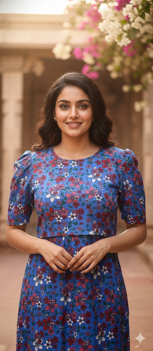 Capri Feeding Wear with Puff Sleeve Royal Blue brown Floral