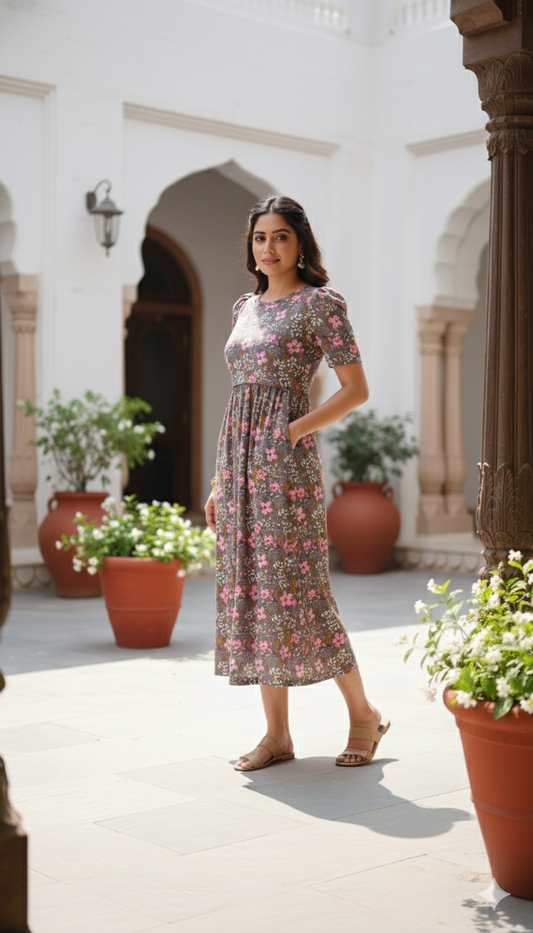 Capri Feeding Wear with Puff Sleeve Grey Pink Floral