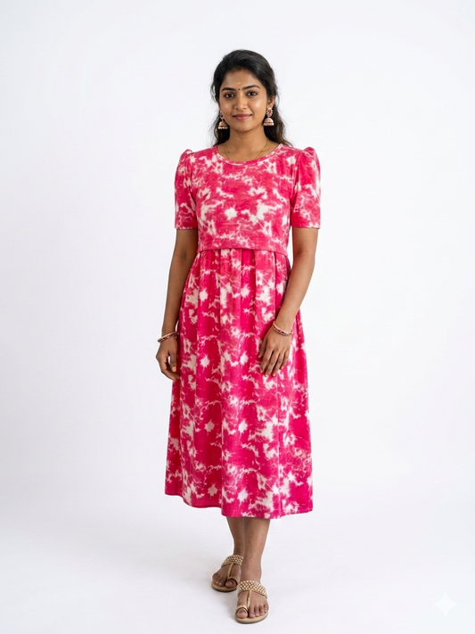 Capri Feeding Wear with Puff Sleeve Pink Dyed