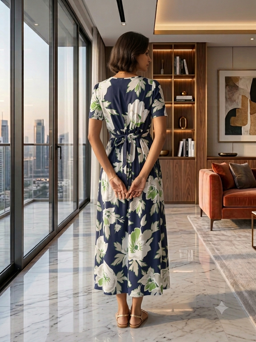 Zipless Feeding Maternity Gown Navy Green Floral - Puff sleeve 52 inches