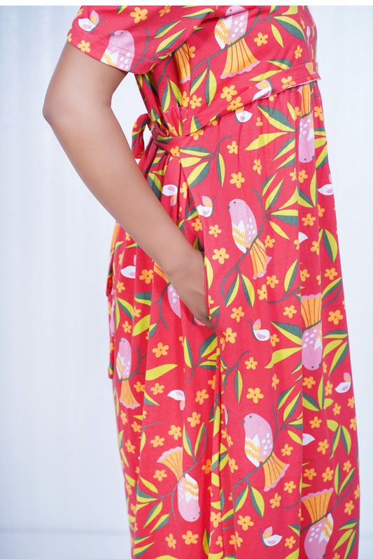 Zipless Feeding Maternity Gown Red Leaf- Puff sleeve 52 inches