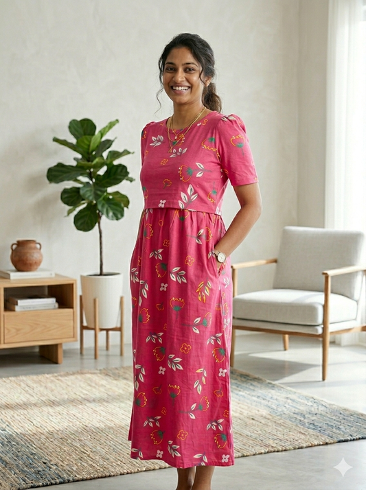 Capri Feeding Wear with Puff Sleeve fusia pink