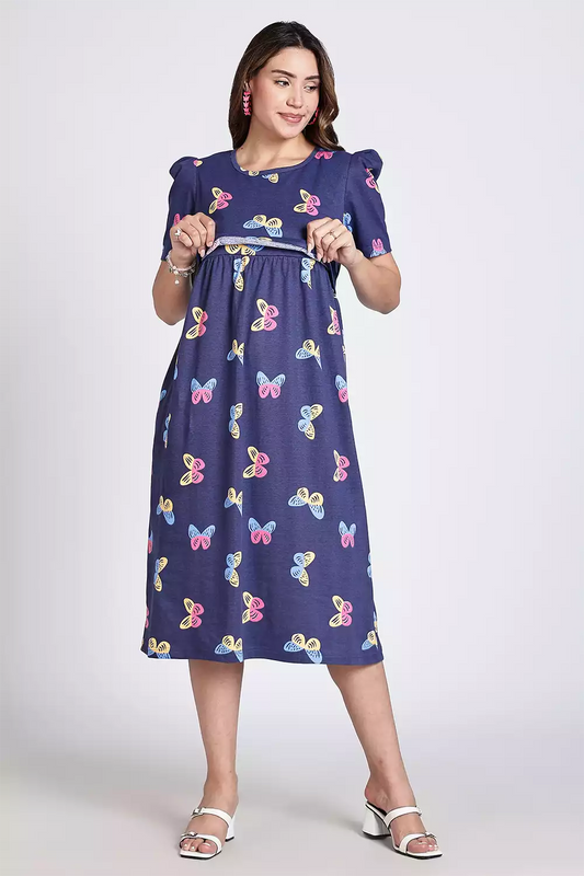 Capri Feeding Wear with Puff Sleeve Blue Navy