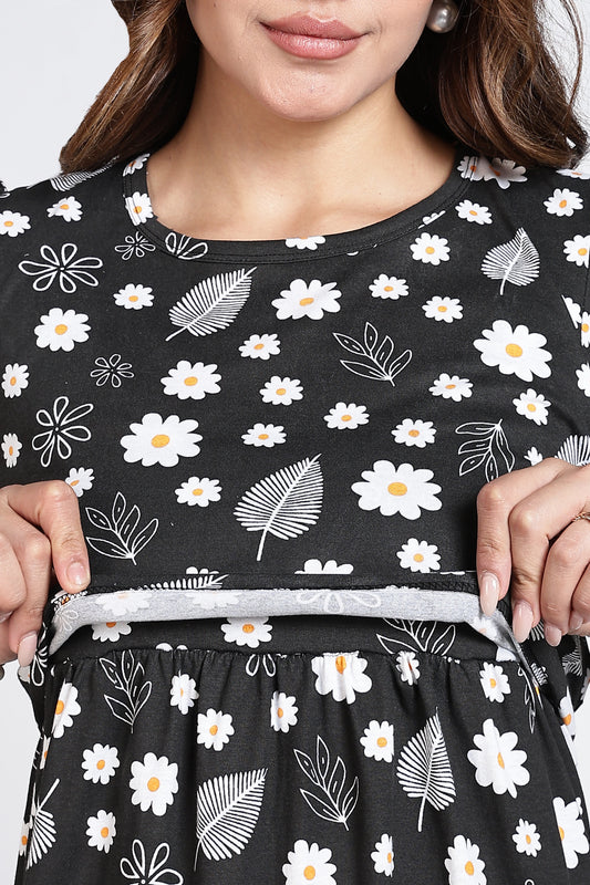 Zipless Feeding Maternity Gown- Puff sleeve 52 inches