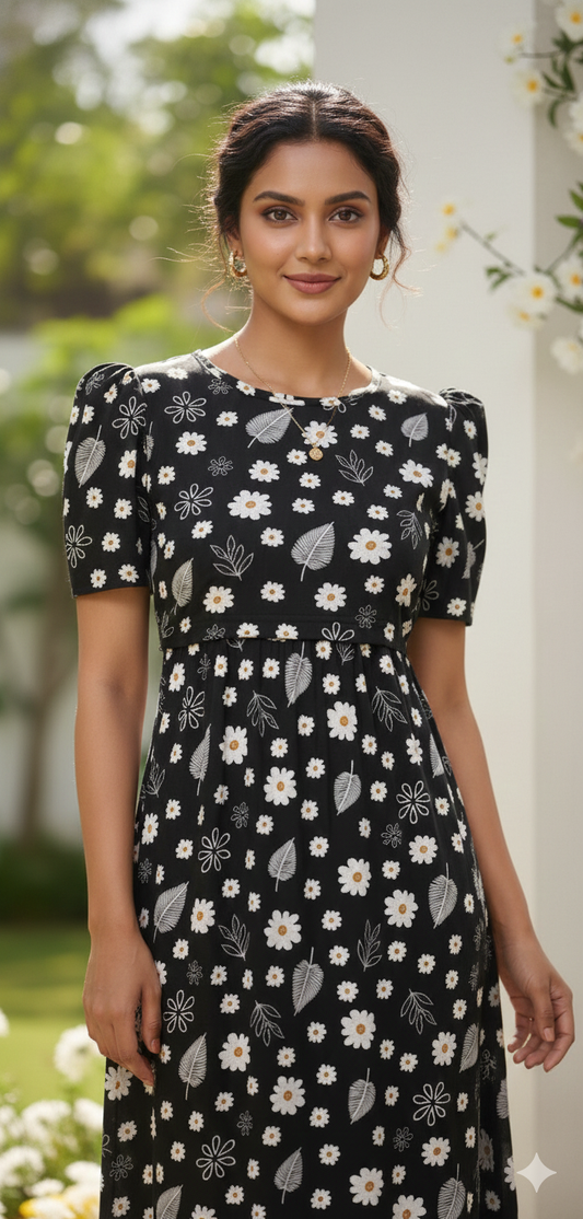 Zipless Feeding Maternity Gown Black Floral - Puff sleeve 52 inches