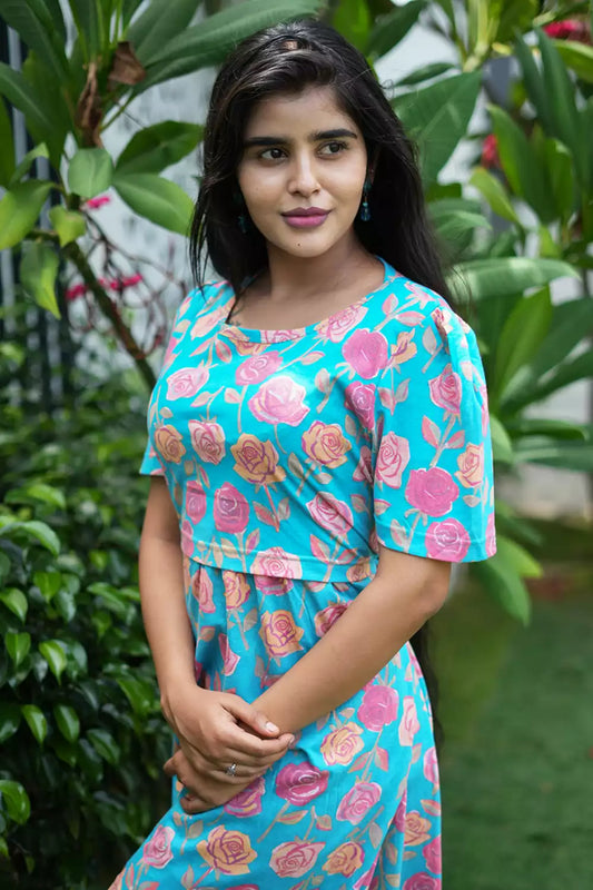 Zipless Feeding Maternity Wear with Puff Sleeve Blue Rose