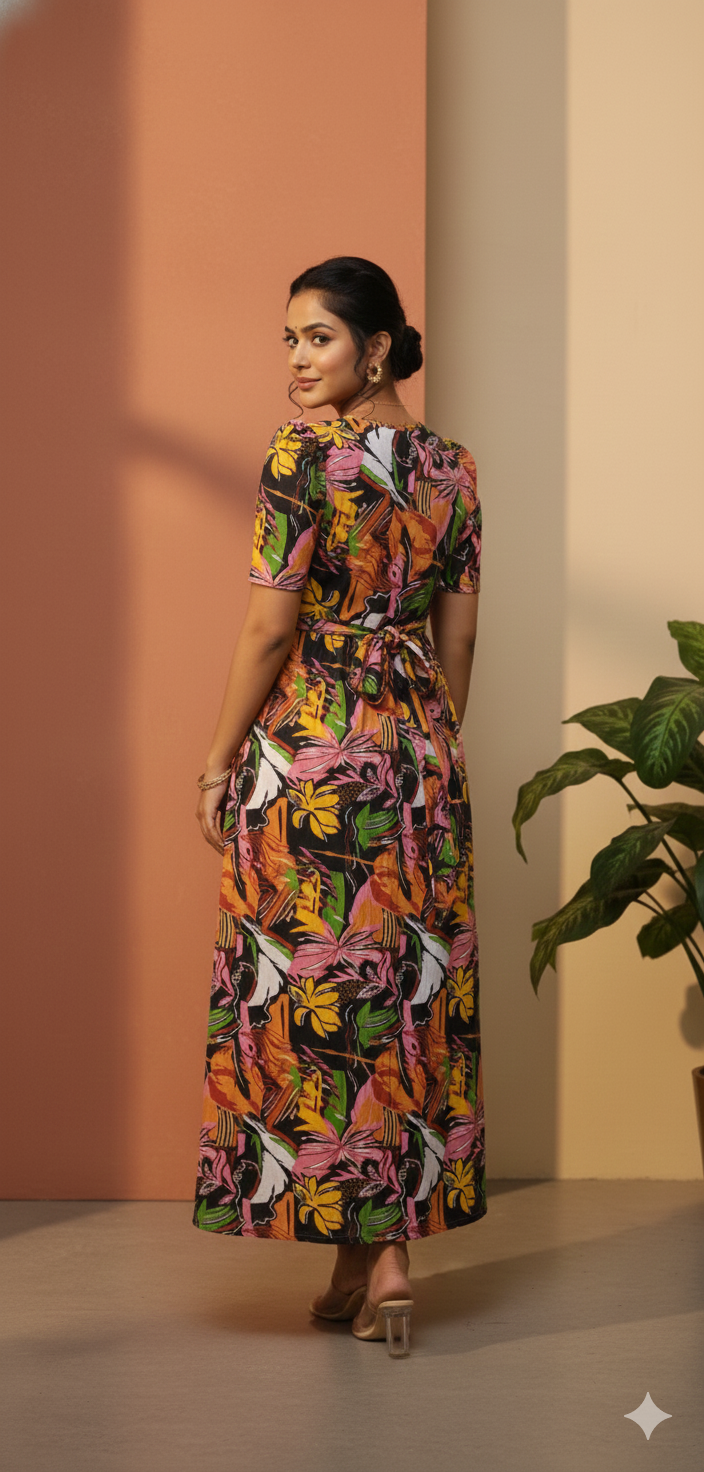 Zipless Feeding Maternity Gown Brown Multicolour - Puff sleeve 52 inches