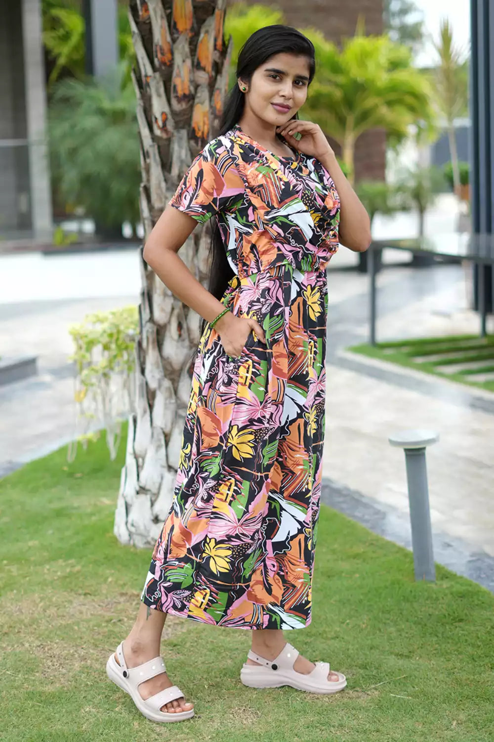 Zipless Maternity Wear Feeding with Shawl Brown Multicolor