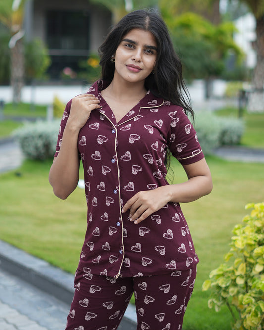 Stylish heart printed Co-Ord pyjama Set