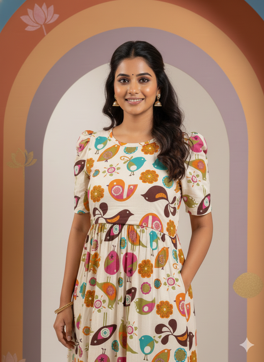 Zipless Feeding Maternity Gown Bird Sandal- Puff sleeve 52 inches