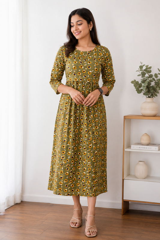 Green Sunflower Zipless Feeding Mid Sleeves capri Length