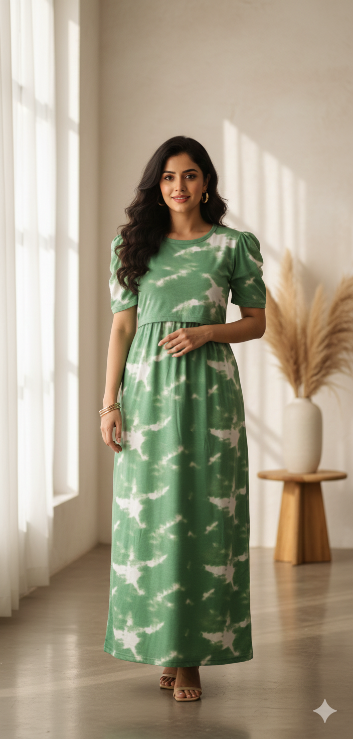 Zipless Feeding Maternity Gown Green Dyed - Puff sleeve 52 inches