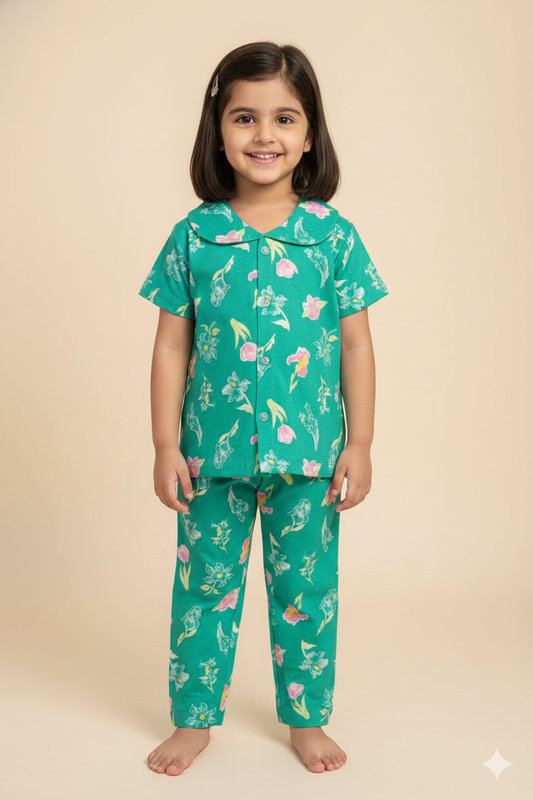 Green Tulip Floral kids Night suit