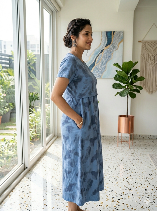 Capri Feeding Wear with Puff Sleeve Grey navy Dyed