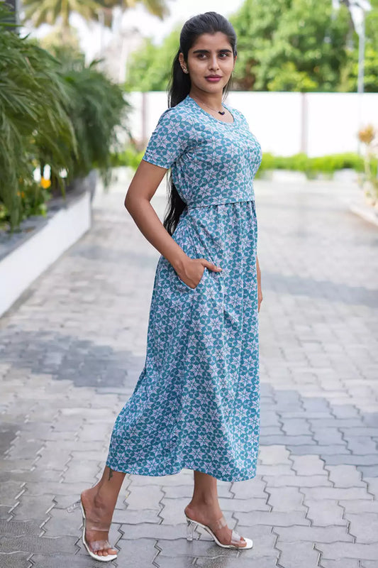 Zipless Feeding Maternity Wear without Puff Sleeve Gray Green Star