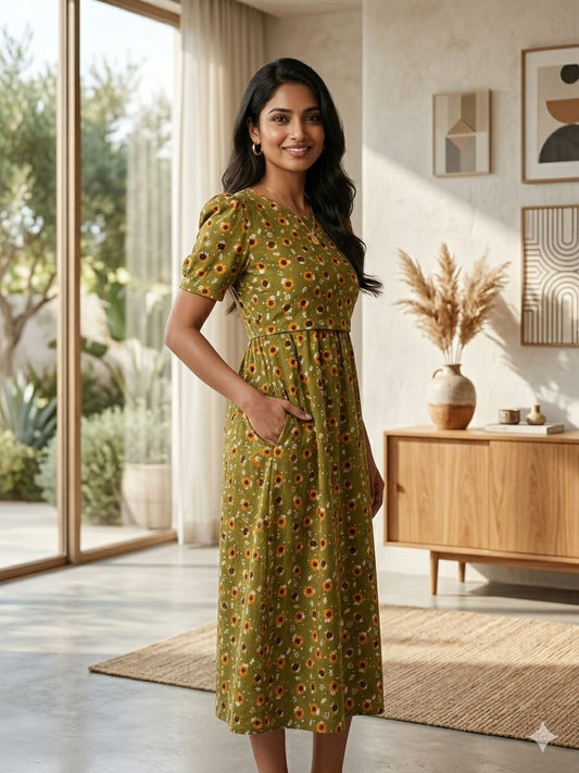 Capri Feeding Wear with Puff Sleeve Green Sunflower