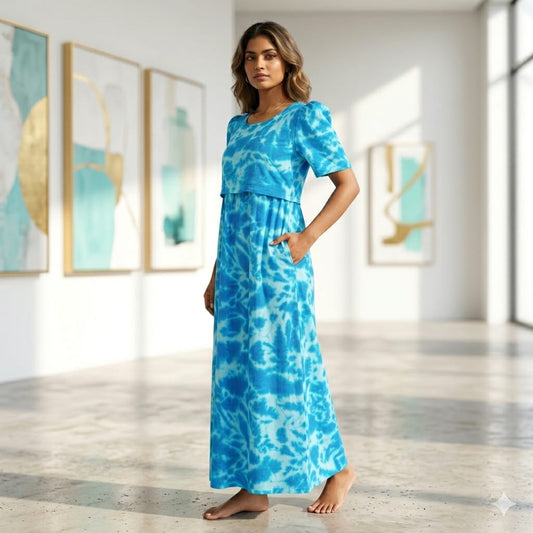 Zipless Feeding Maternity Gown Blue Tie dye - Puff sleeve 52 inches