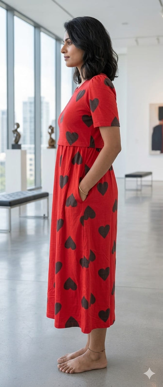 Zipless Feeding Maternity Gown Red Black heart - Puff sleeve 49 inches