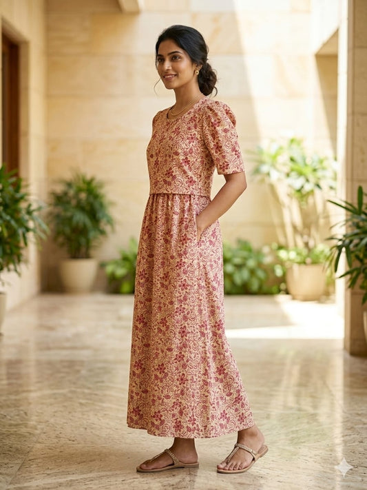 Zipless Feeding Maternity Gown Mustard Floral - Puff sleeve 52 inches