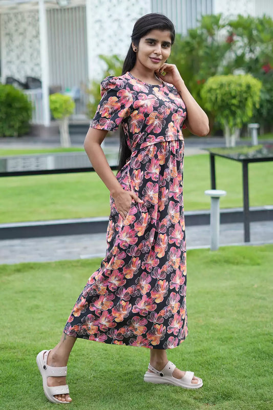 Zipless Feeding Maternity Wear with Puff Sleeve Multicolor