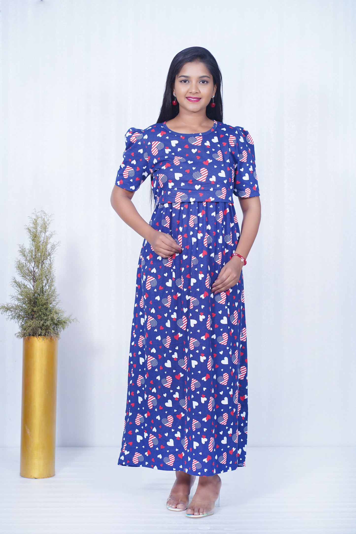 Zipless Feeding Maternity Gown- Puff sleeve 52 inches