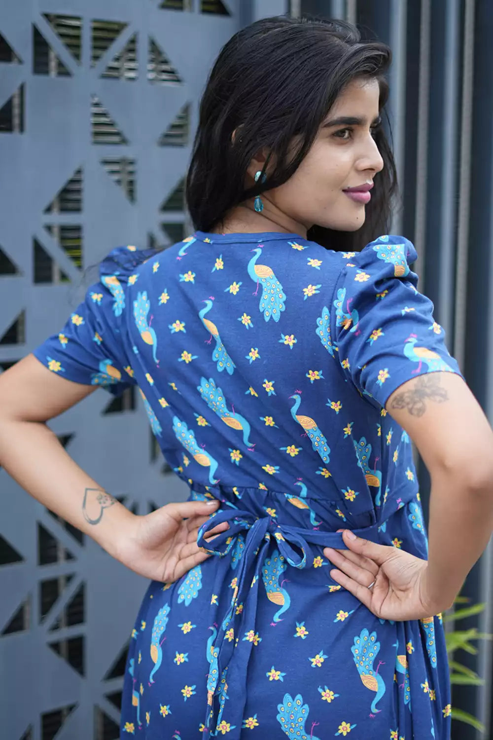 Zipless Feeding Maternity Wear with Puff Sleeve Navy Peacock