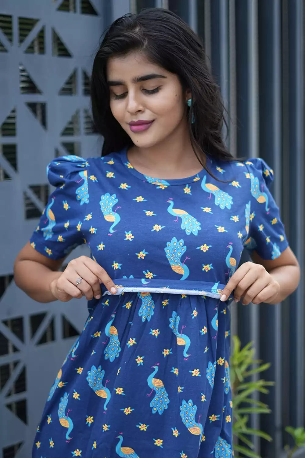 Zipless Feeding Maternity Wear with Puff Sleeve Navy Peacock