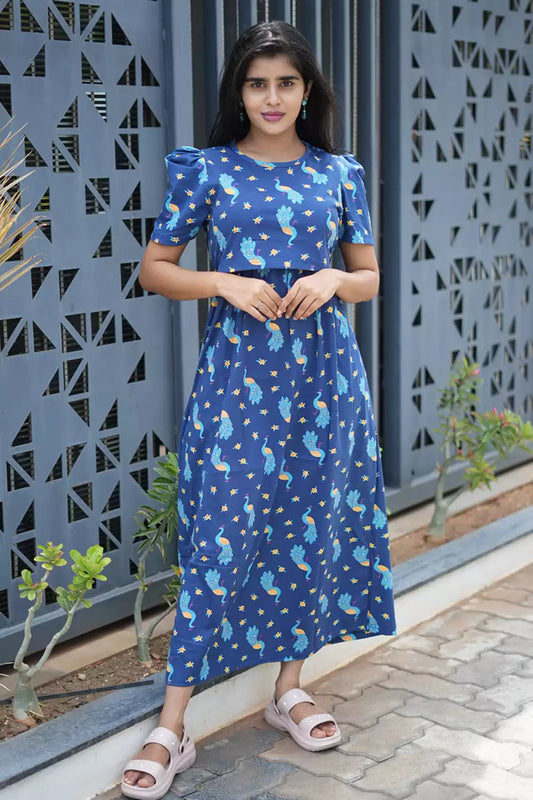Zipless Feeding Maternity Wear with Puff Sleeve Navy Peacock