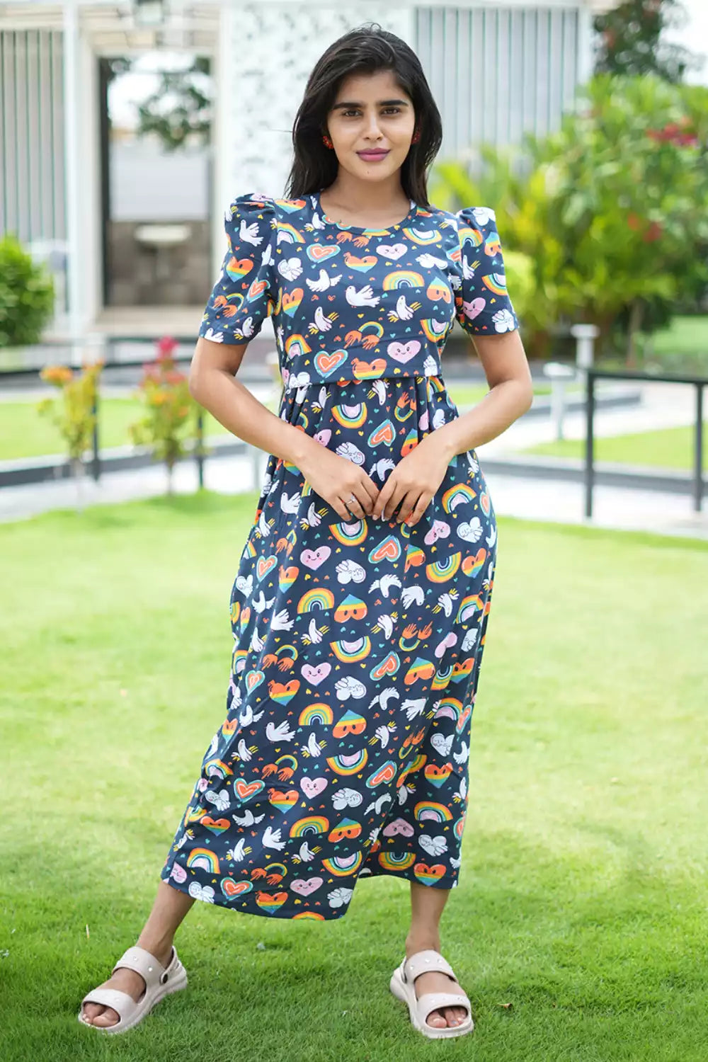 Zipless Feeding Maternity Wear with Puff Sleeve Navy Rainbow