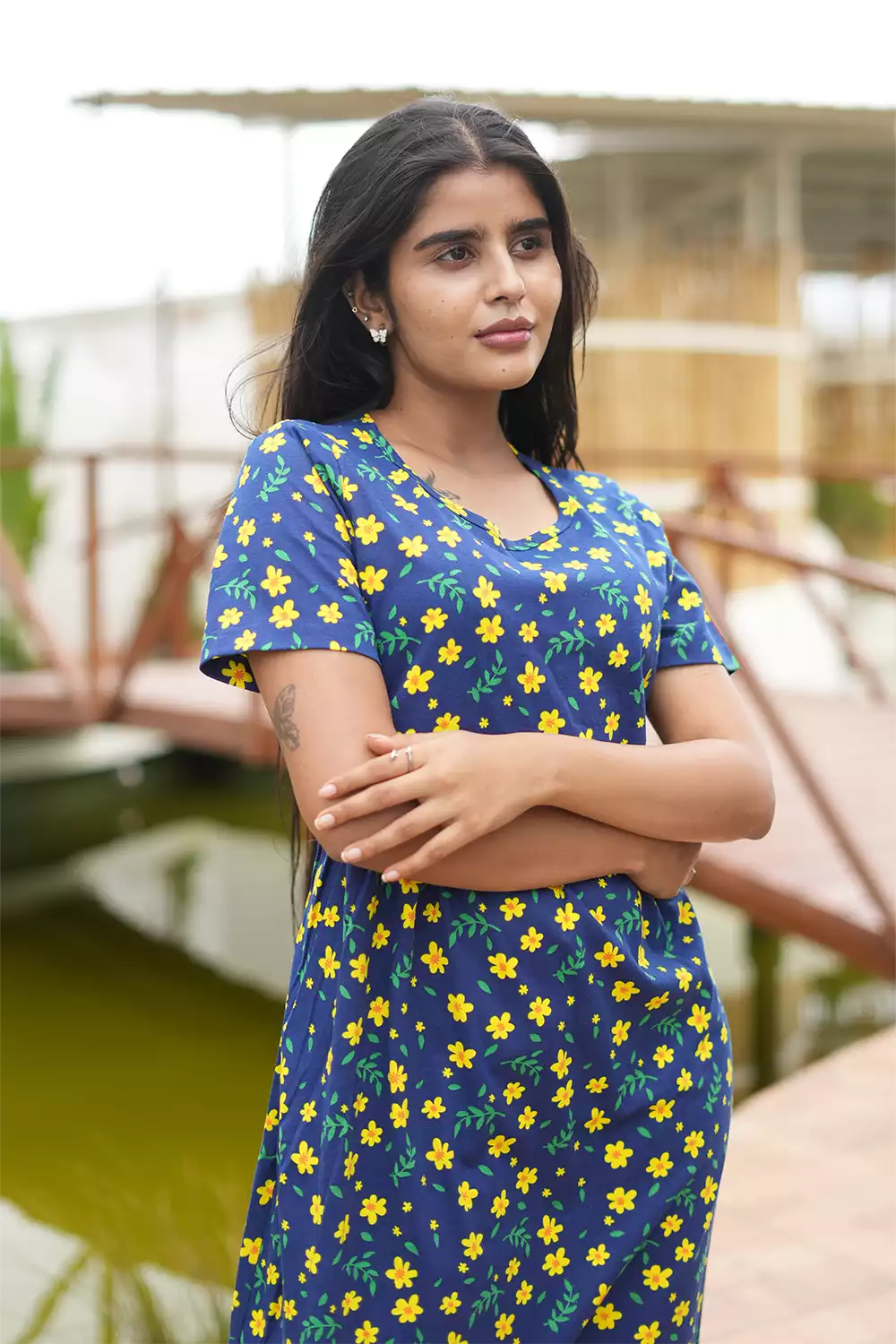 Zipless Feeding Maternity Wear without Puff Sleeve Navy Yellow