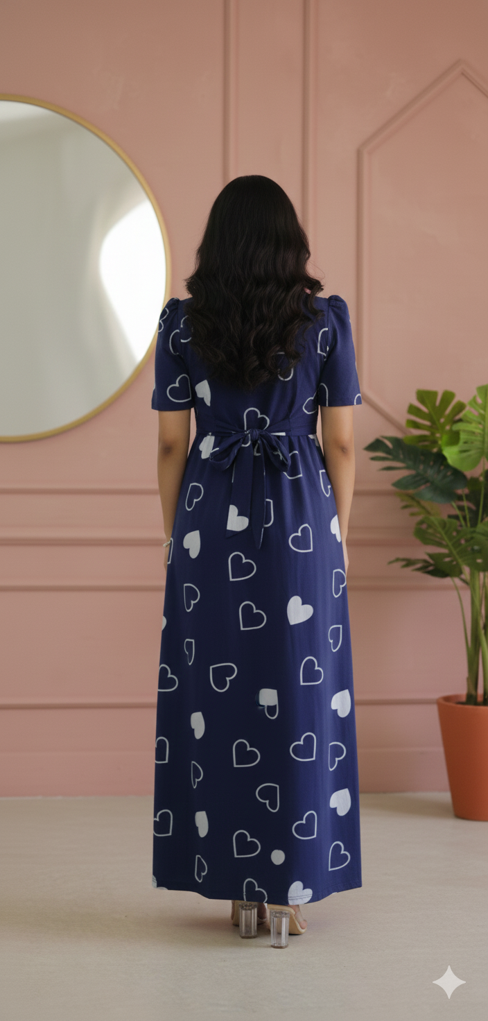 Zipless Feeding Maternity Gown Navy Heart - Puff sleeve 52 inches