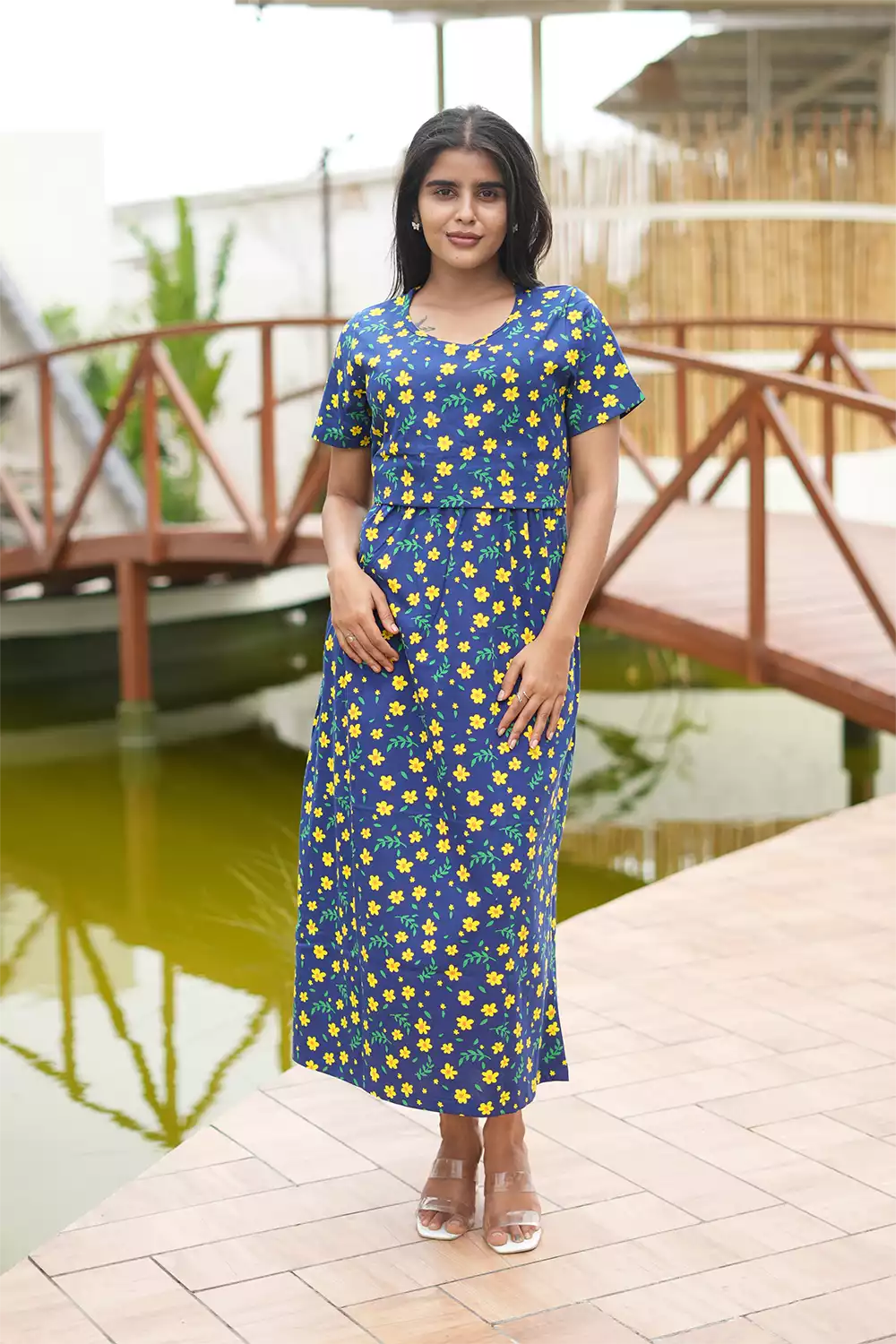 Zipless Feeding Maternity Wear without Puff Sleeve Navy Yellow