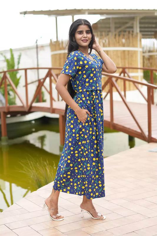 Zipless Feeding Maternity Wear without Puff Sleeve Navy Yellow