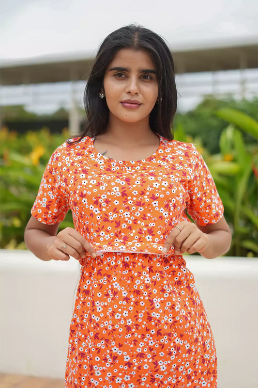 Zipless Feeding Maternity Wear without Puff Sleeve Orange White