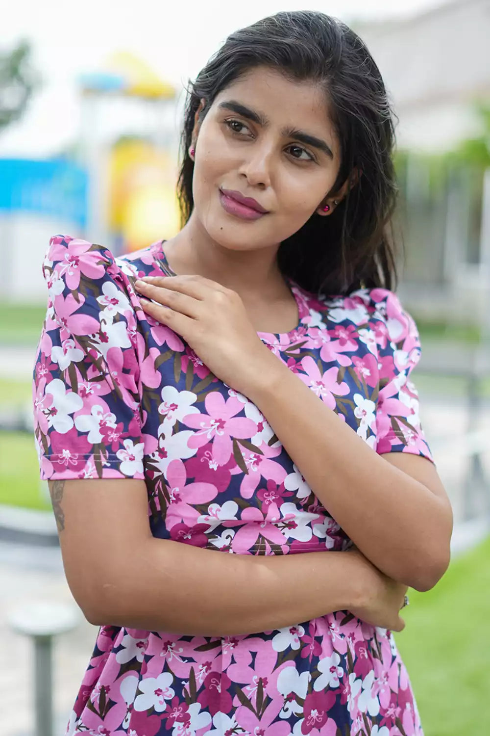 Zipless Feeding Maternity Wear with Puff Sleeve Pink Petals