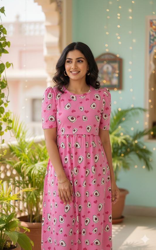 Zipless Feeding Maternity Gown Pink Avocado- Puff sleeve 52 inches