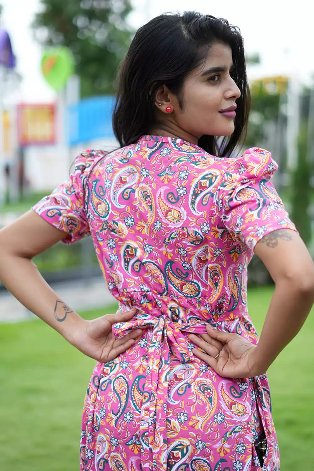 Zipless Feeding Maternity Wear with Puff Sleeve Pink Rangoli