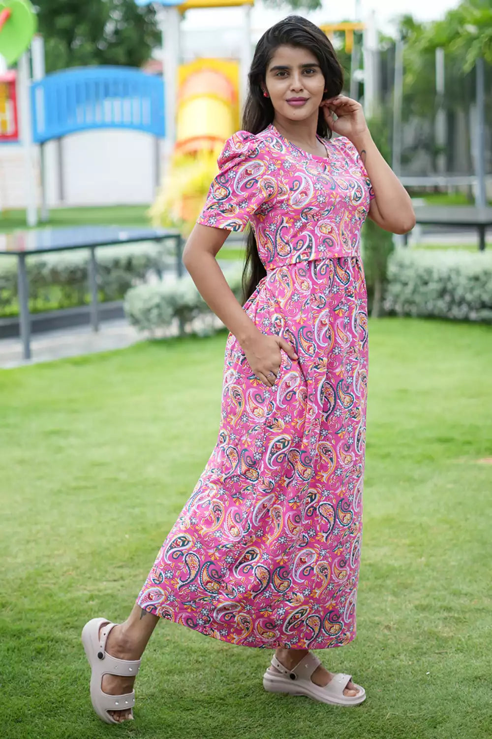 Zipless Feeding Maternity Wear with Puff Sleeve Pink Rangoli