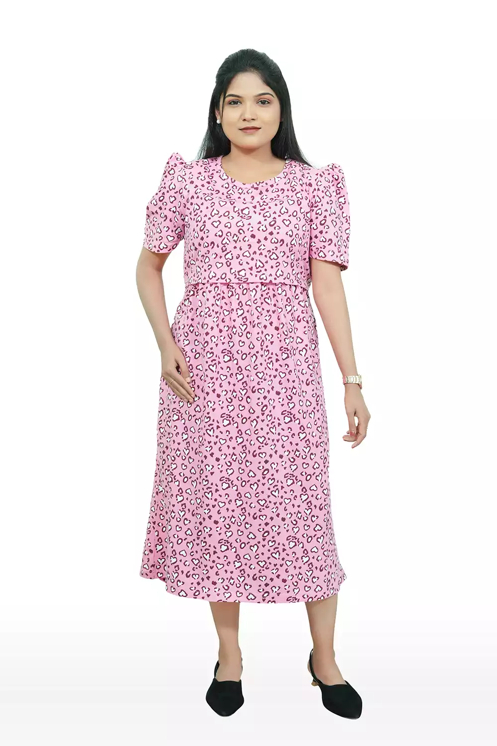 Capri Feeding Wear with Puff Sleeve Pink White