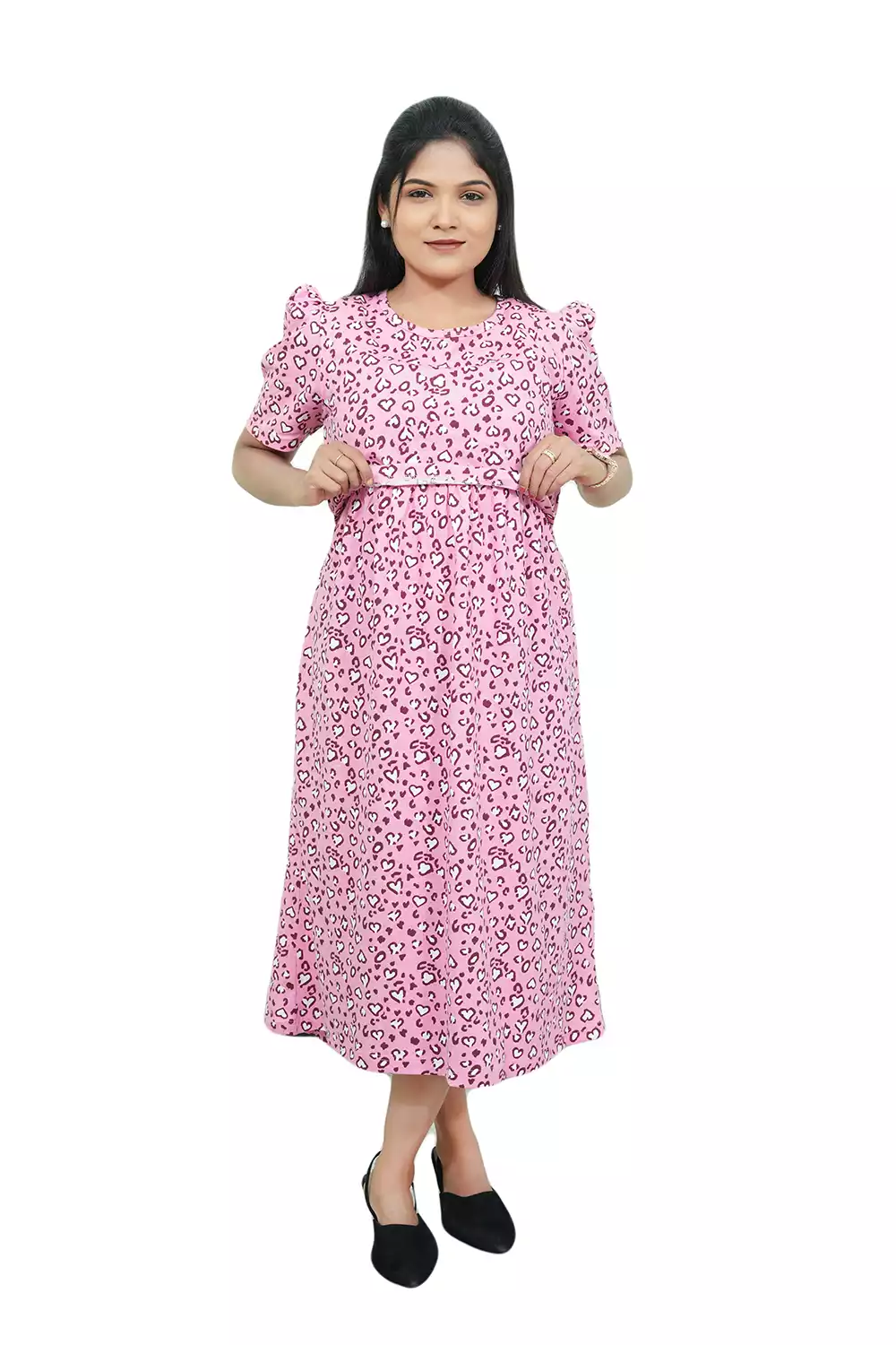 Capri Feeding Wear with Puff Sleeve Pink White