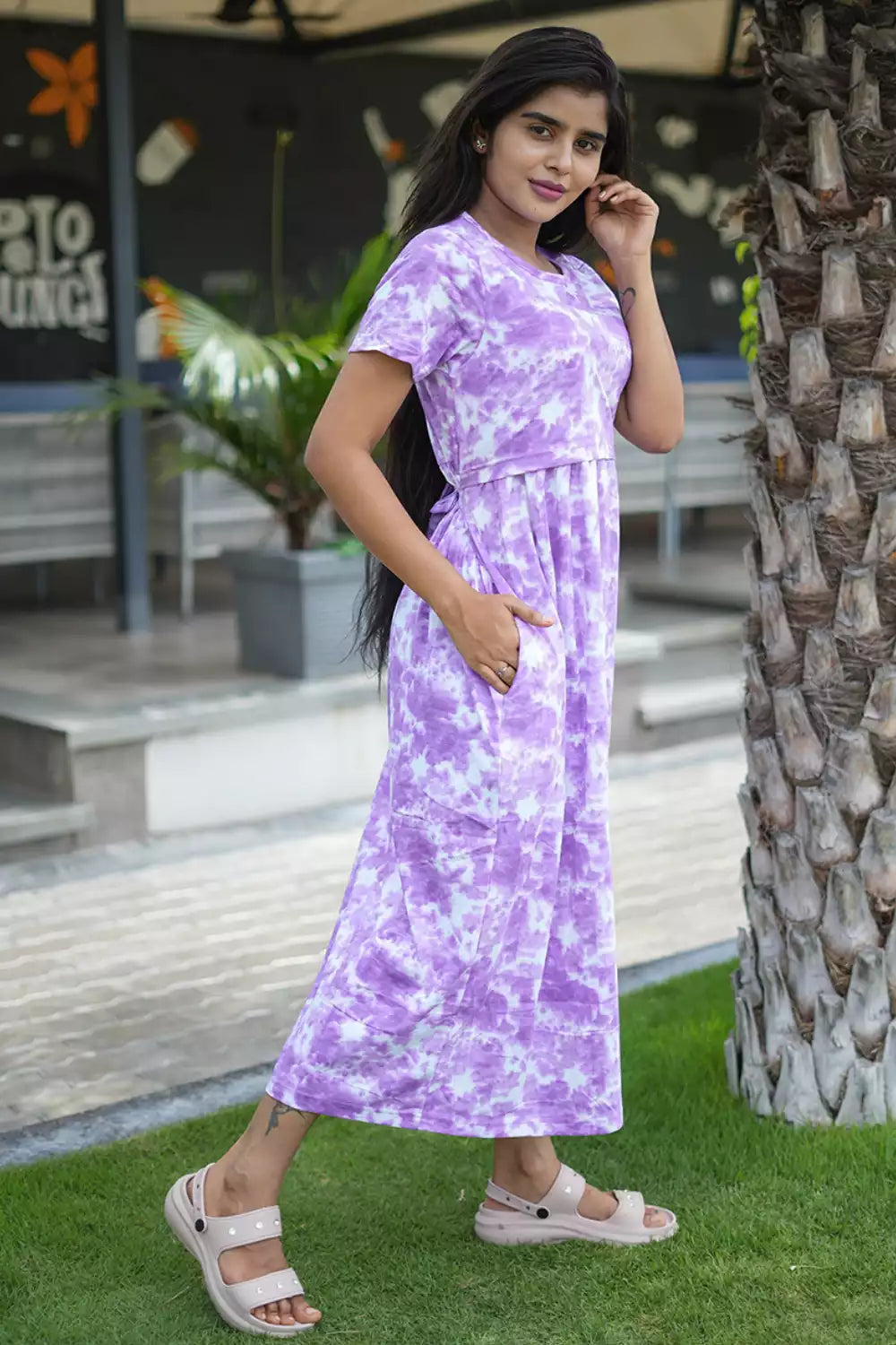 Zipless Feeding Maternity Wear without Puff Sleeve Purple Dyed