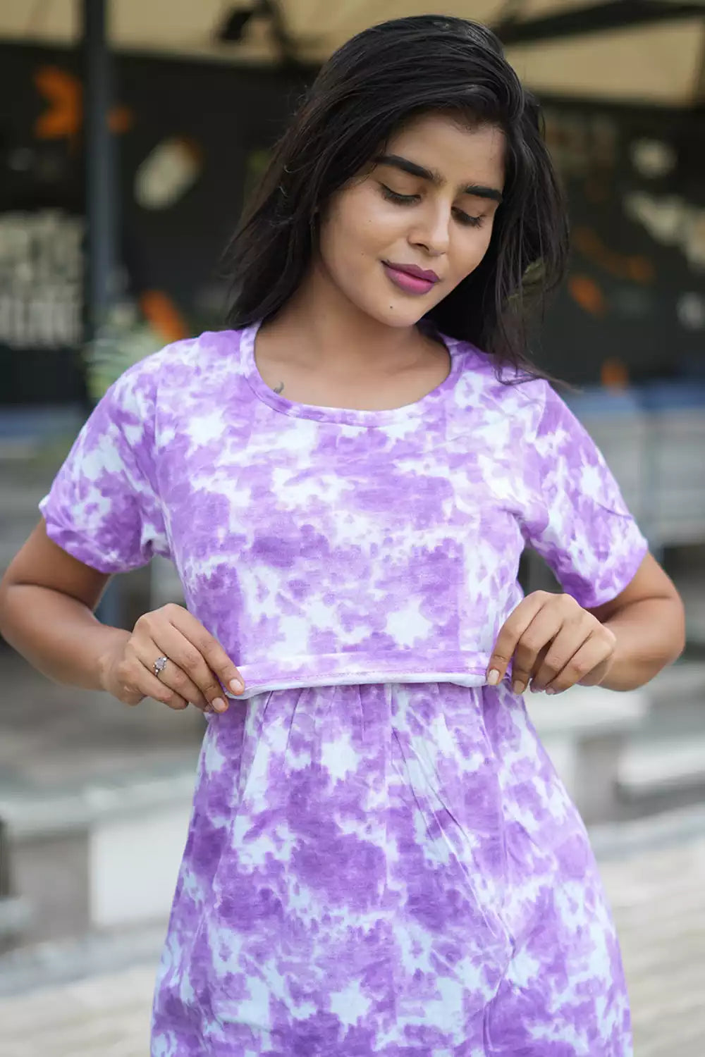 Zipless Feeding Maternity Wear without Puff Sleeve Purple Dyed