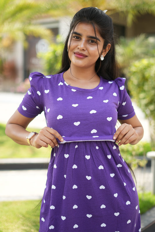 Zipless Feeding Maternity Wear with Puff Sleeve Purple White heart