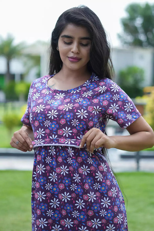 Zipless Feeding Maternity Wear without Puff Sleeve Purple White Pink