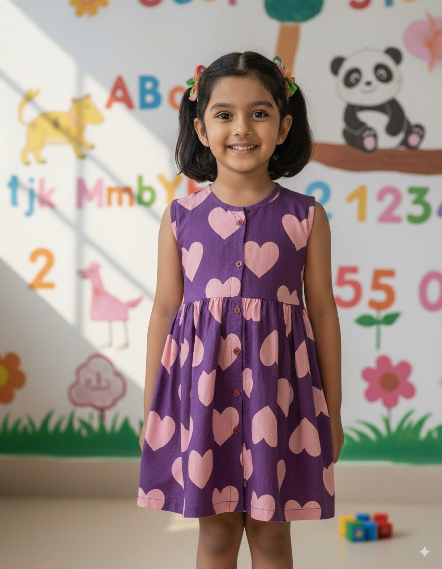 Girls Cute Printed Frocks Combo of 3 Pink Blue dye Blue Star Purple Big Heart