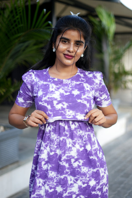 Zipless Feeding Maternity Wear with Puff Sleeve Purple Dyed