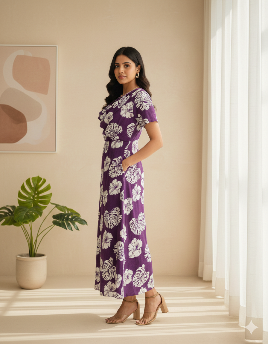 Zipless Maternity Wear Feeding with Shawl Purple White leaf