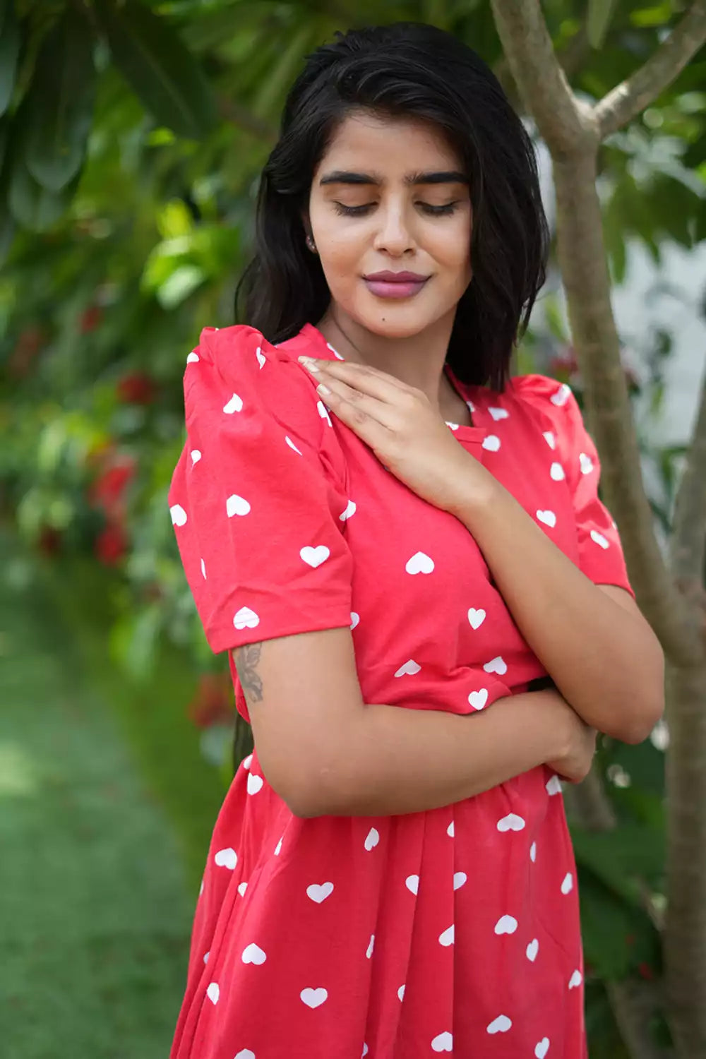 Zipless Feeding Maternity Wear with Puff Sleeve Red Heart