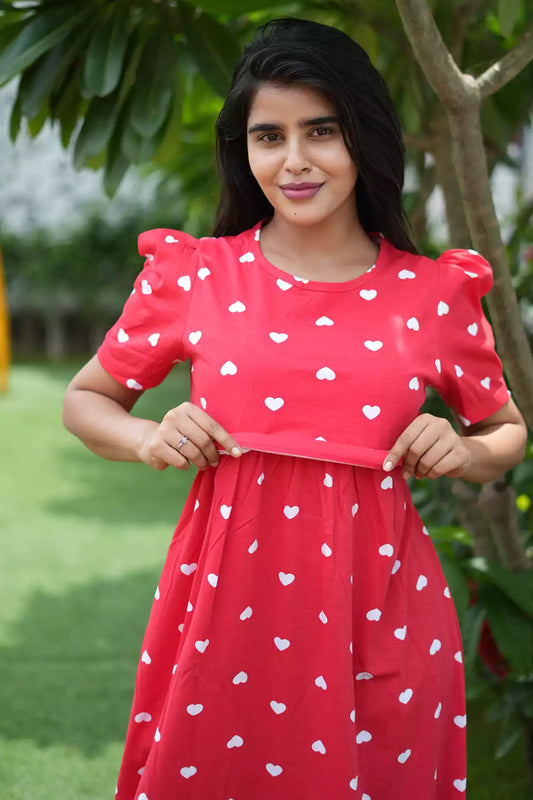 Zipless Feeding Maternity Wear with Puff Sleeve Red Heart